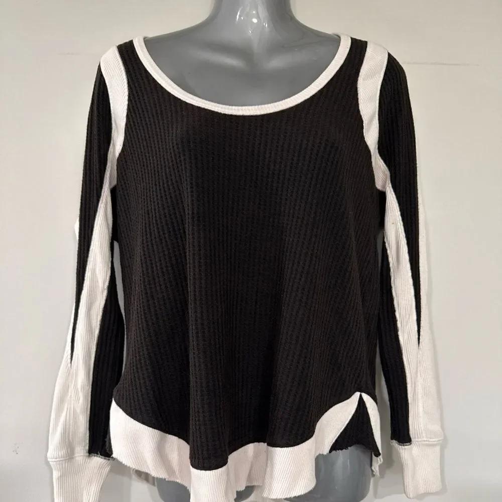 Free People One Small Black Waffle Cotton Henley Thermal RawEdge Top